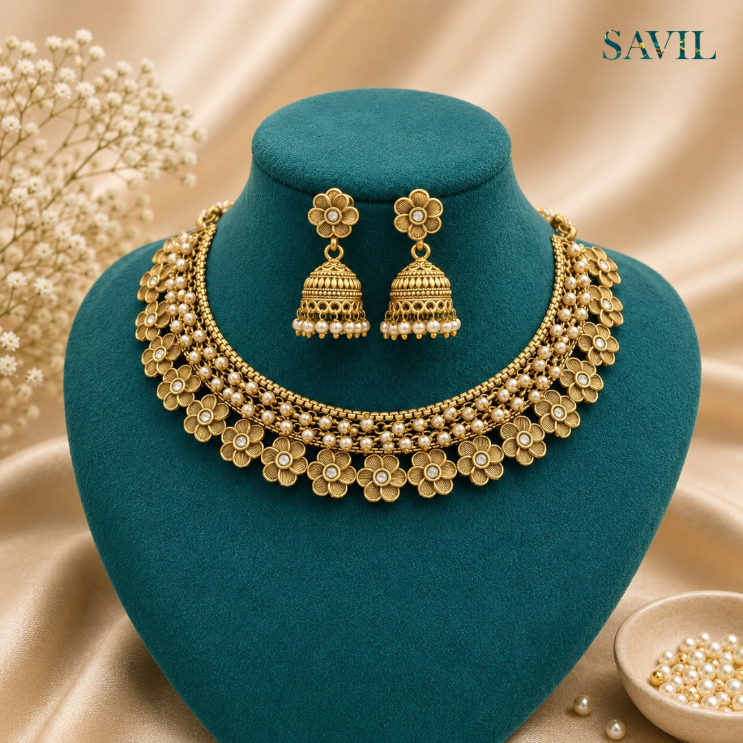 Malare Golden Petal Bloom Necklace Set