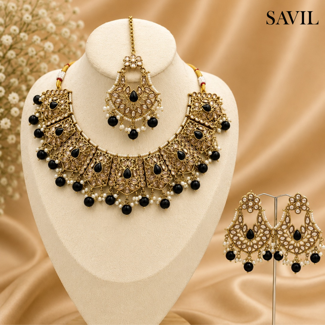 Trisha Vivid Elegance - Black & Gold Kundan Necklace Jewellery Set